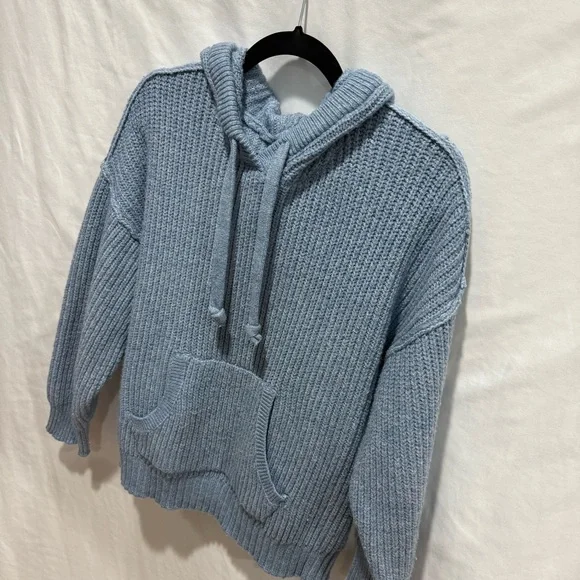 American Eagle Blue Knit Hoodie Sweater Small Cozy Pullover Layering Oversized - Picture 2 of 14